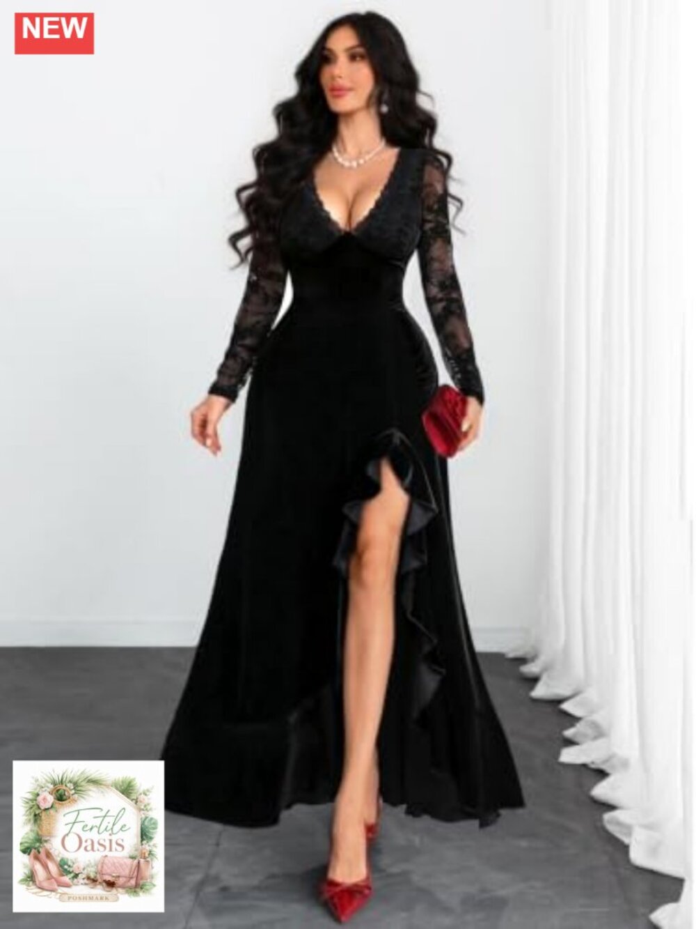 Women's Velvet Lace Long Sleeve Maxi Dress Plunging V-Neck Formal Gown - Picture 5 of 5